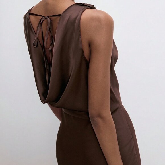 Coffee Brown Elegant Women's Halter Neck Sleeveless Backless Dress - Picture 4 of 4